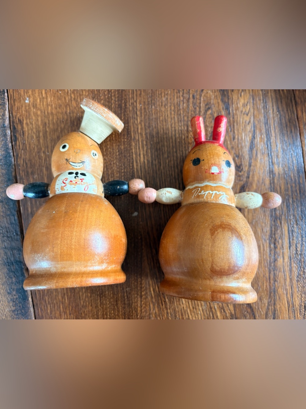 Vintage Hand-Painted Wooden Bunny & Sailor Pair - Natural Wood with Red Accents